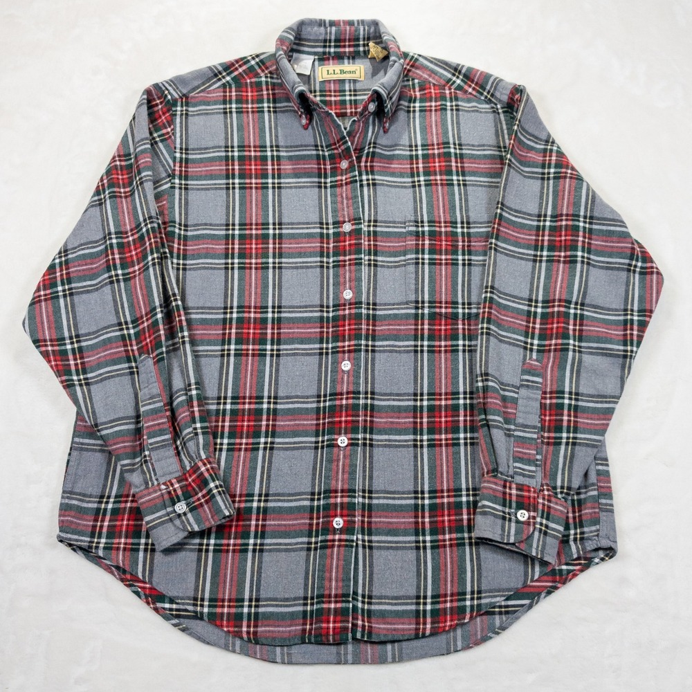 LL Bean Holiday Shirt Women 12 Gray Plaid Classic Long Sleeve Button Down Cabin